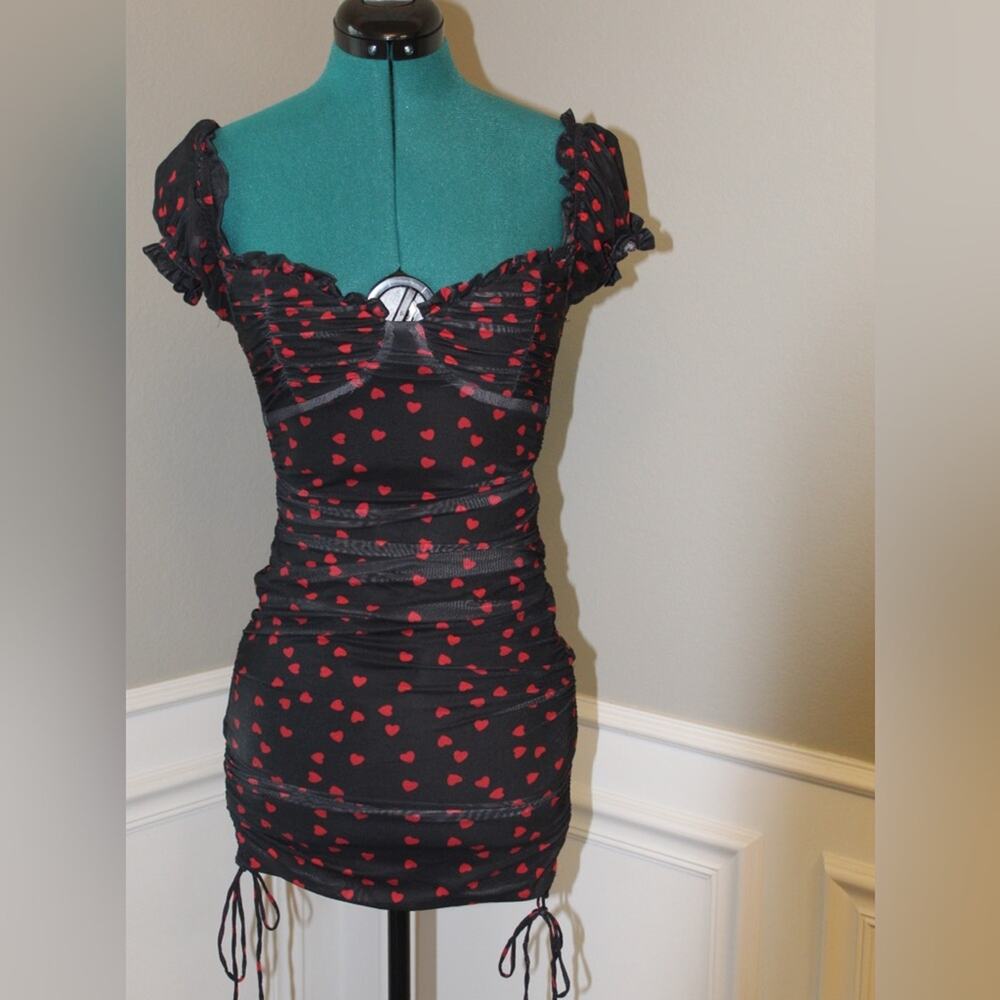 White Fox “Love Luck” Black & Red Heart Print Ruched Mini Dress Women’s Size S